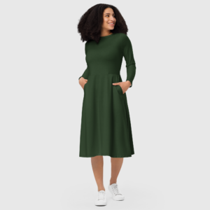 All-Over Print Long Sleeve Midi Dress - Green